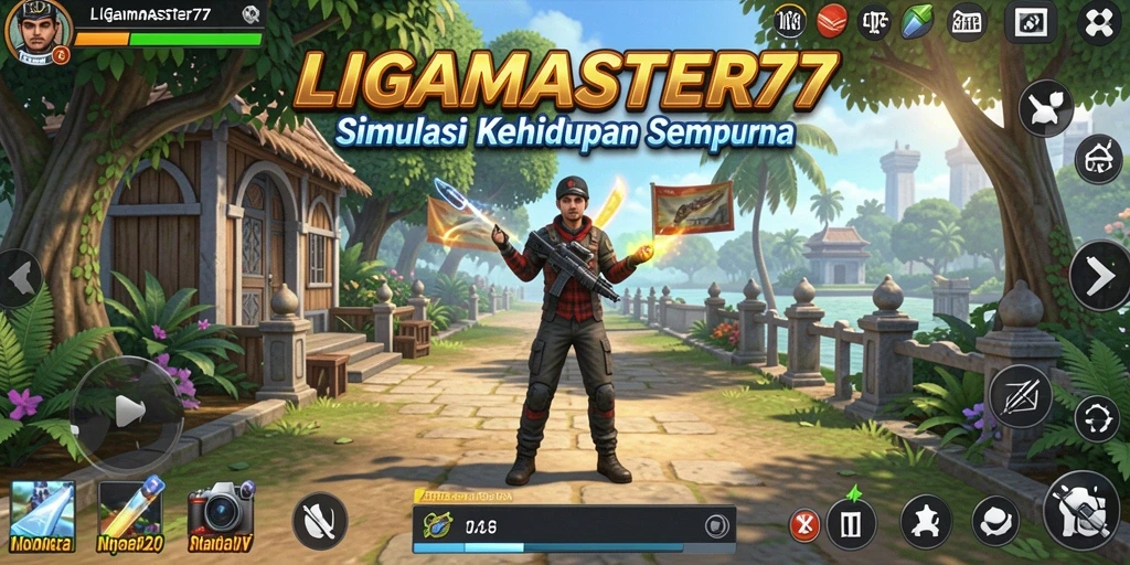 Screenshot gameplay LIGAMASTER77 menampilkan karakter yang beraktivitas dalam simulasi kehidupan.