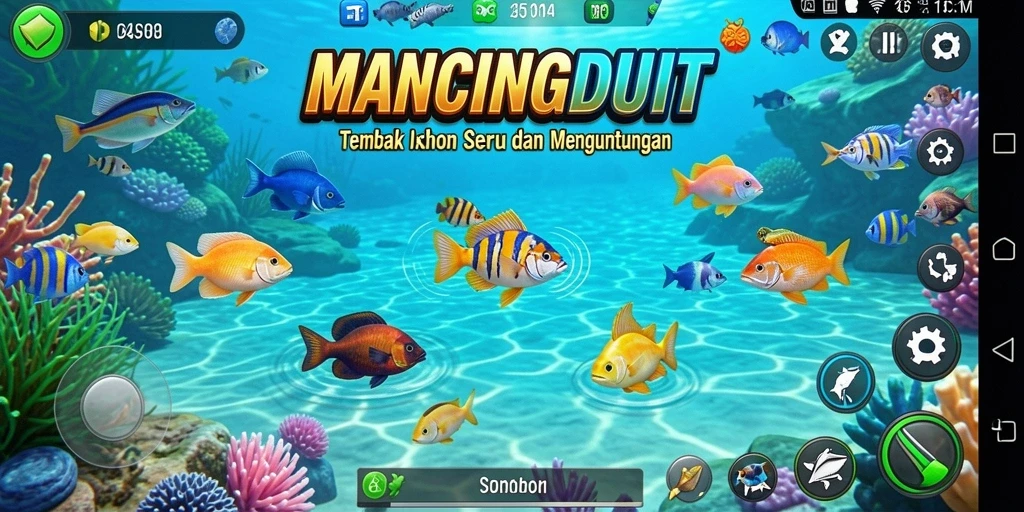 Screenshot gameplay MANCINGDUIT menampilkan aksi menangkap ikan yang seru.